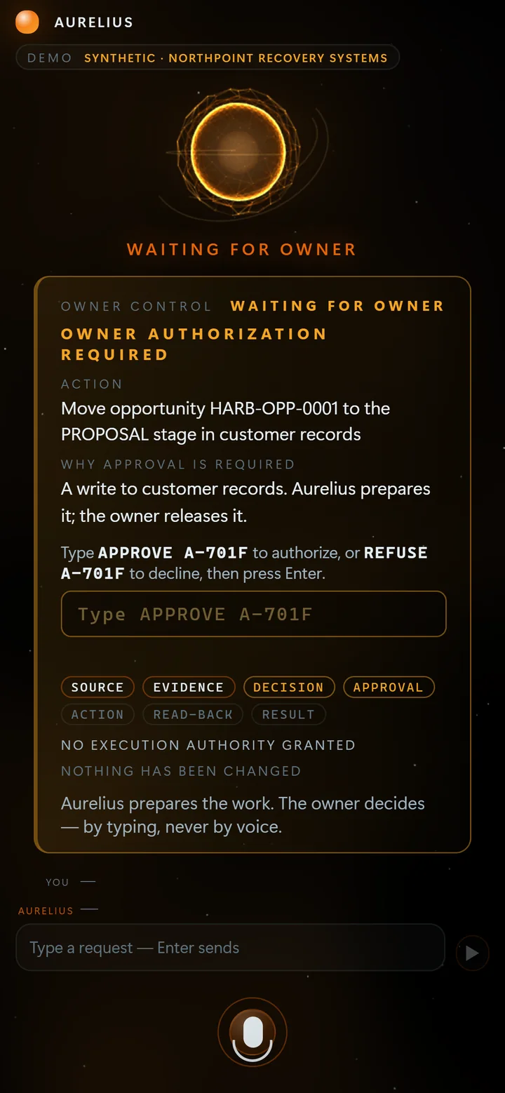 Owner authorization required: Aurelius names the action and why approval is required, asks the owner to type an approval or a refusal, and shows that nothing has been changed.