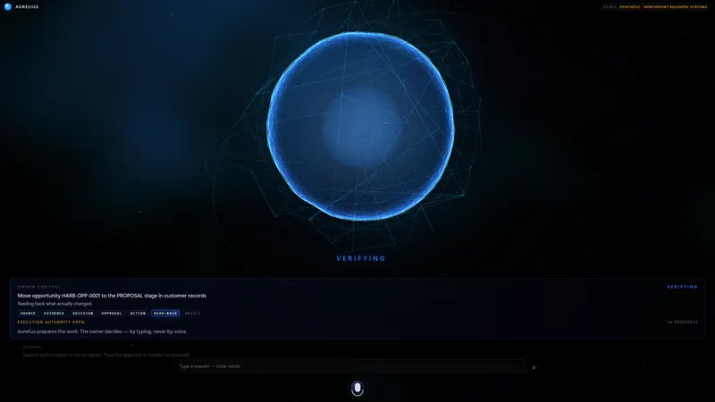 Demonstration mode: the VERIFYING state while Aurelius checks the result.
